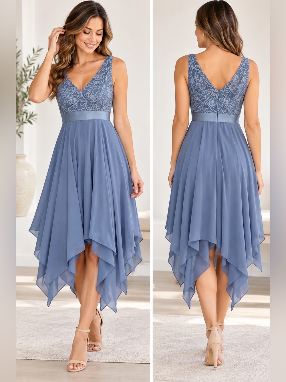 Ever-Pretty Women’s 16 Blue Lace Chiffon Handkerchief Hem Formal Dress NWT